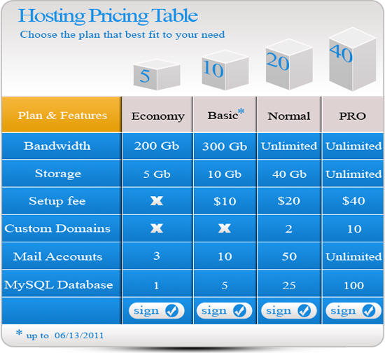 Hosting Price Table